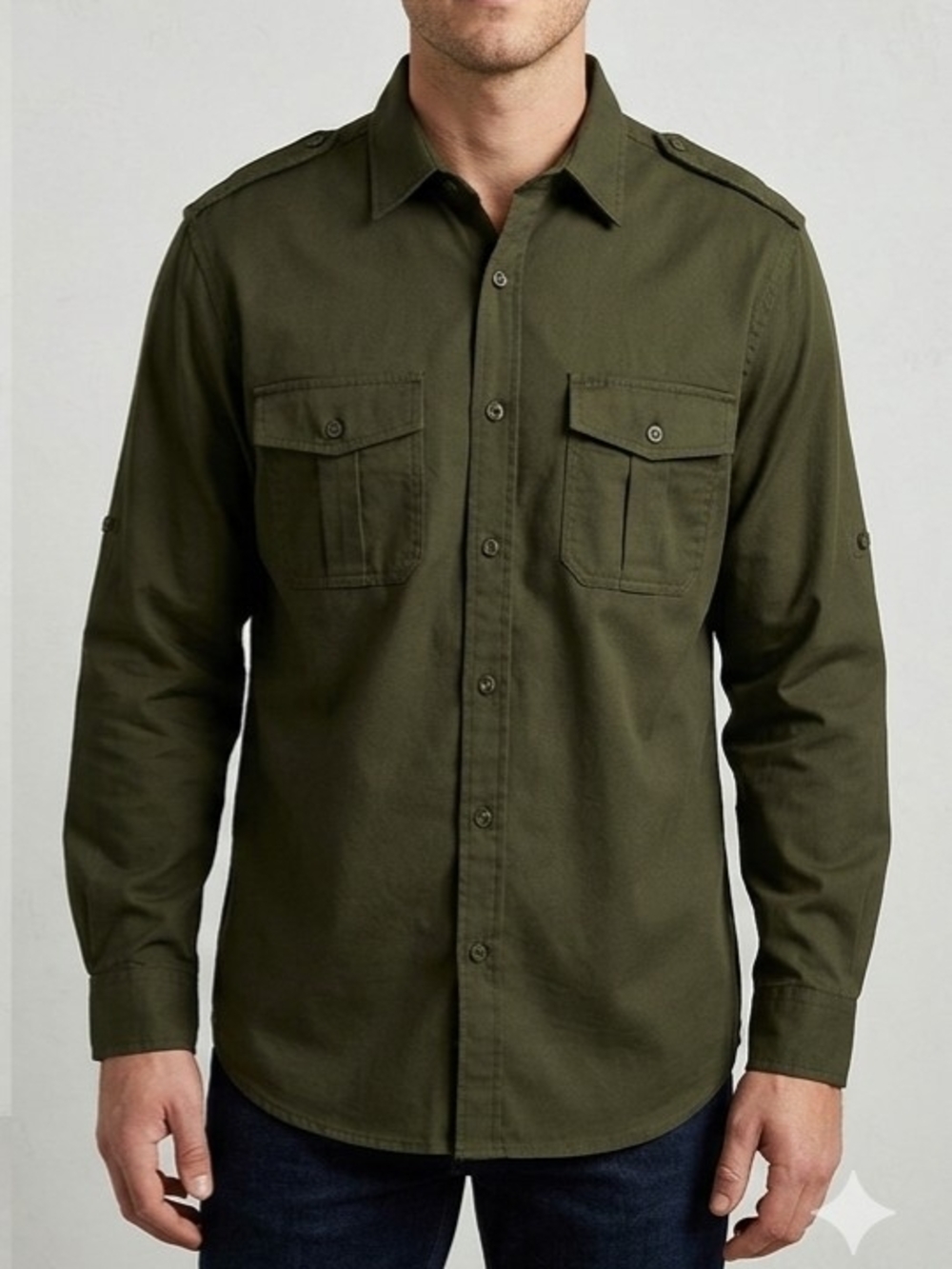 Men's Olive Green Military-Style Button-Down Shirt